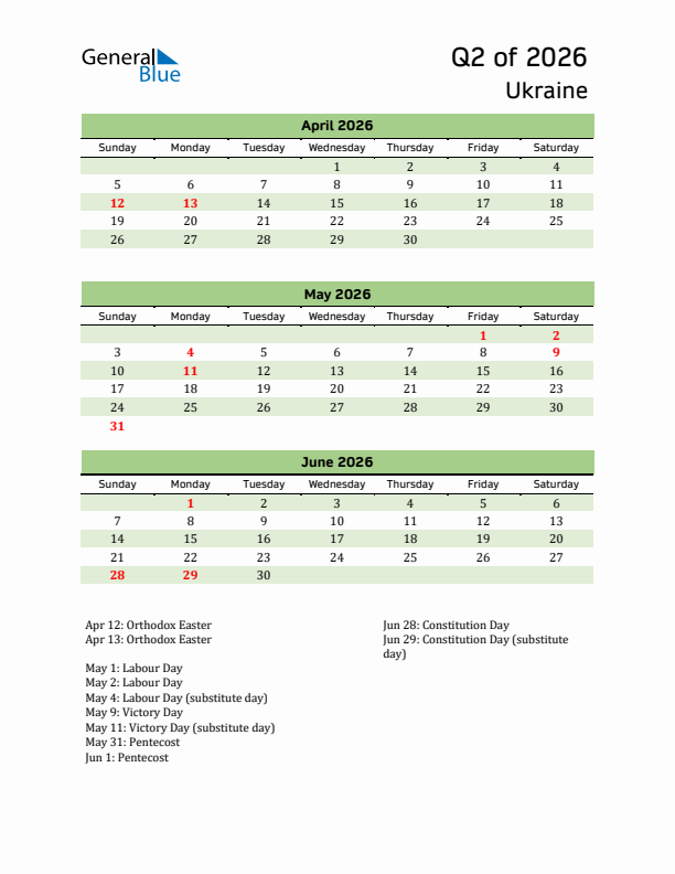 Quarterly Calendar 2026 with Ukraine Holidays