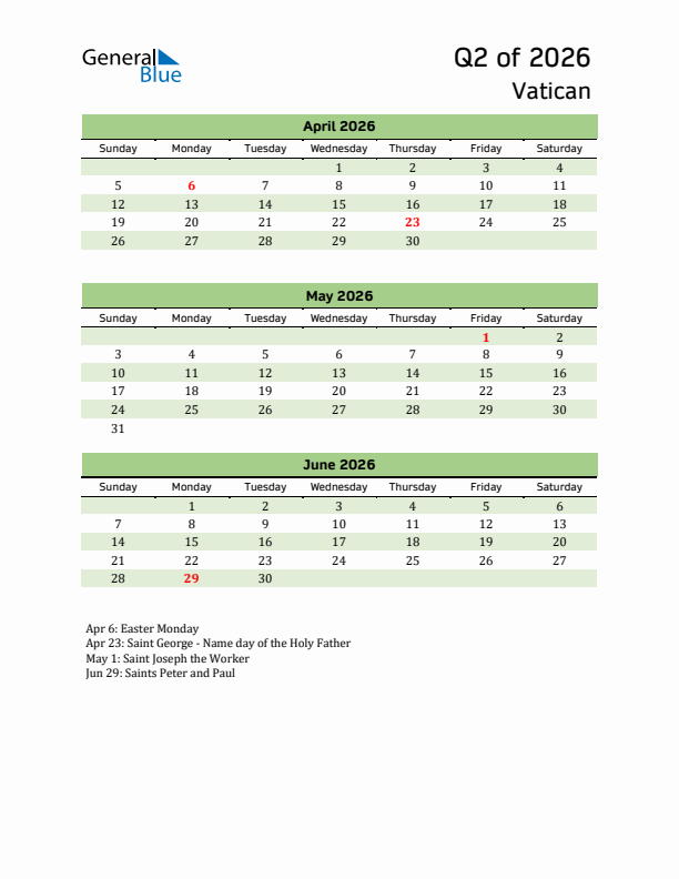 Quarterly Calendar 2026 with Vatican Holidays