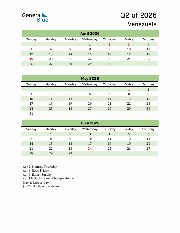 Quarterly Calendar 2026 with Venezuela Holidays