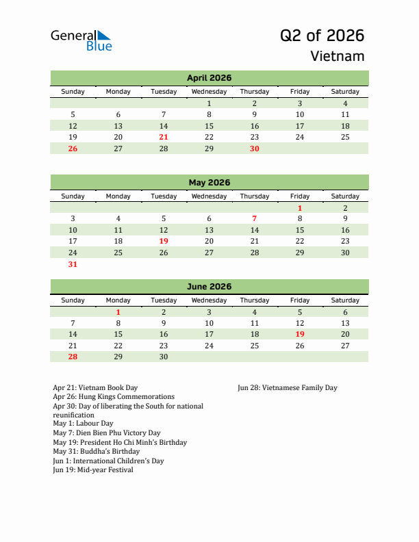 Quarterly Calendar 2026 with Vietnam Holidays