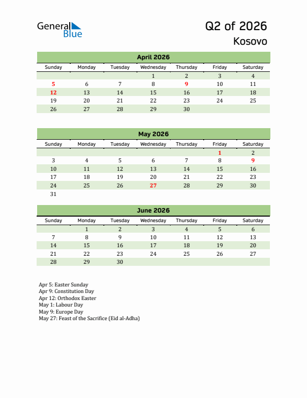 Quarterly Calendar 2026 with Kosovo Holidays