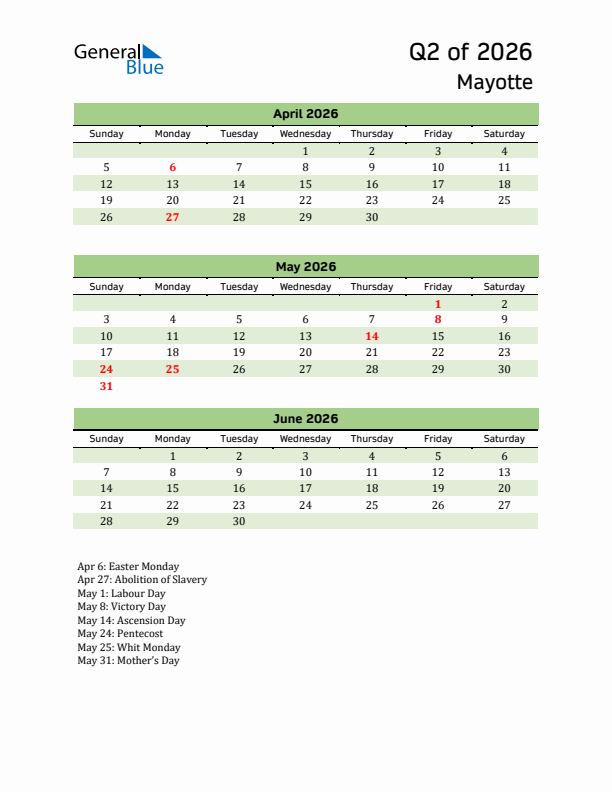 Quarterly Calendar 2026 with Mayotte Holidays