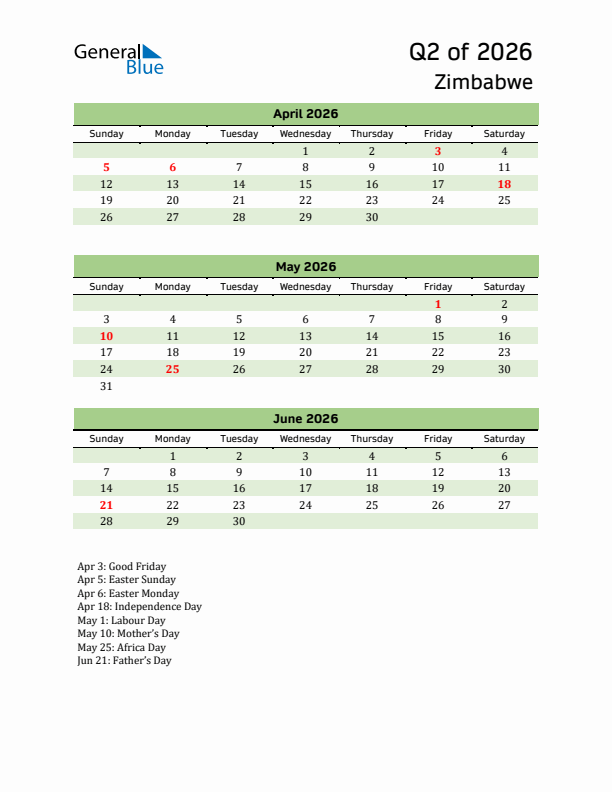 Quarterly Calendar 2026 with Zimbabwe Holidays