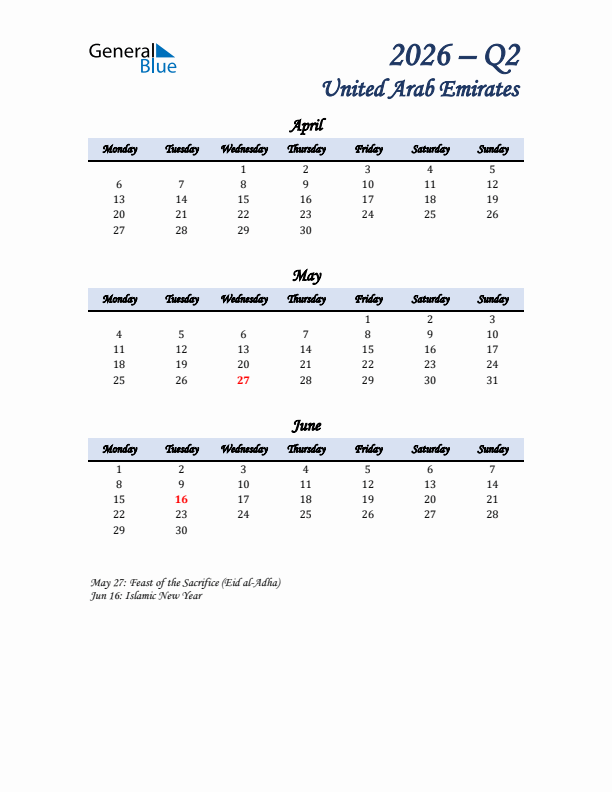 April, May, and June Calendar for United Arab Emirates with Monday Start