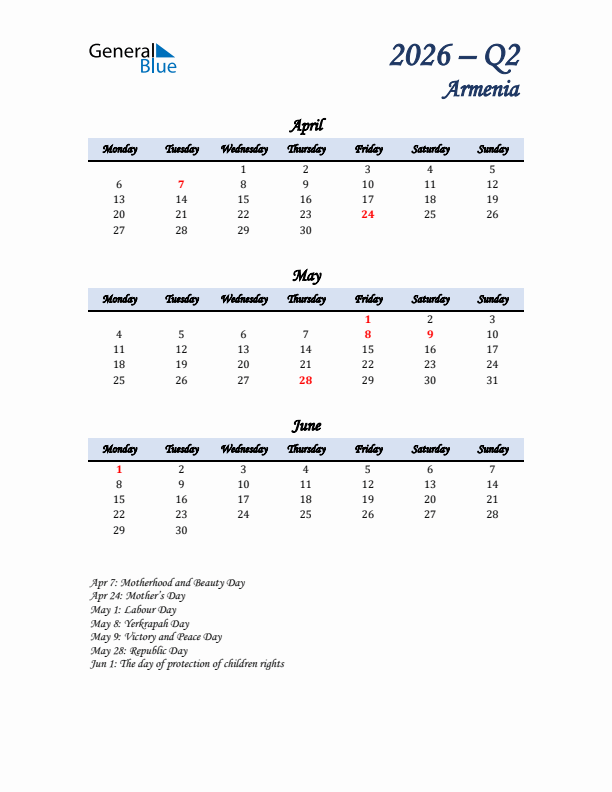 April, May, and June Calendar for Armenia with Monday Start