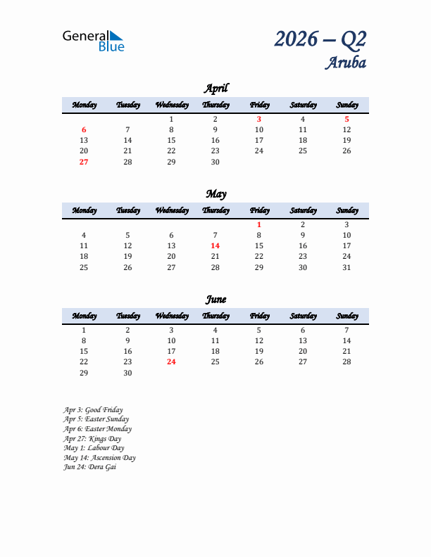 April, May, and June Calendar for Aruba with Monday Start