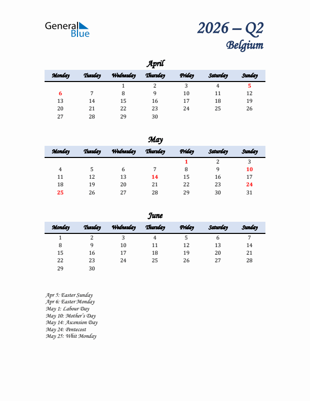 April, May, and June Calendar for Belgium with Monday Start