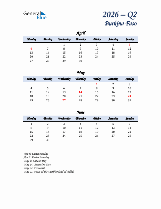 April, May, and June Calendar for Burkina Faso with Monday Start