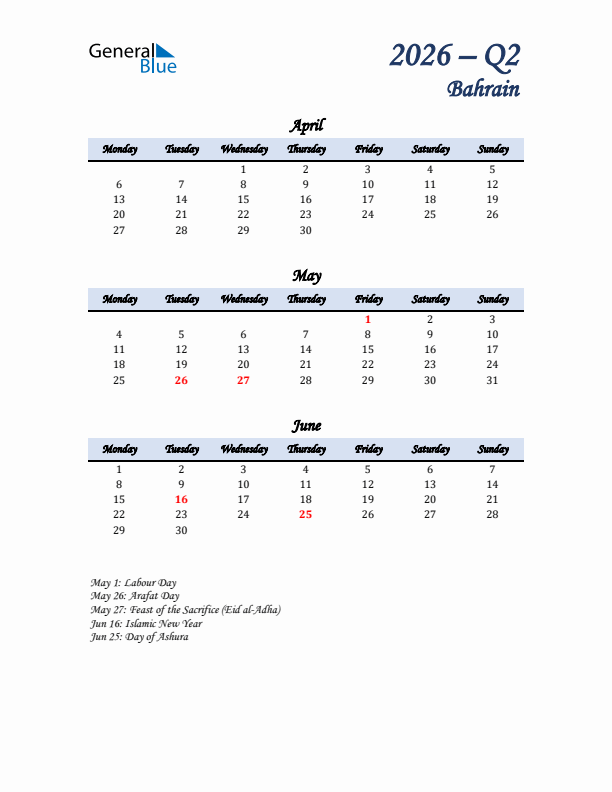 April, May, and June Calendar for Bahrain with Monday Start