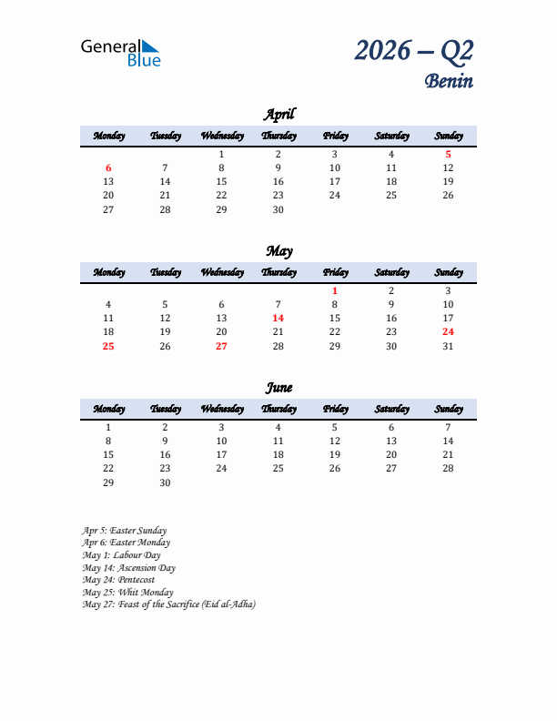 April, May, and June Calendar for Benin with Monday Start