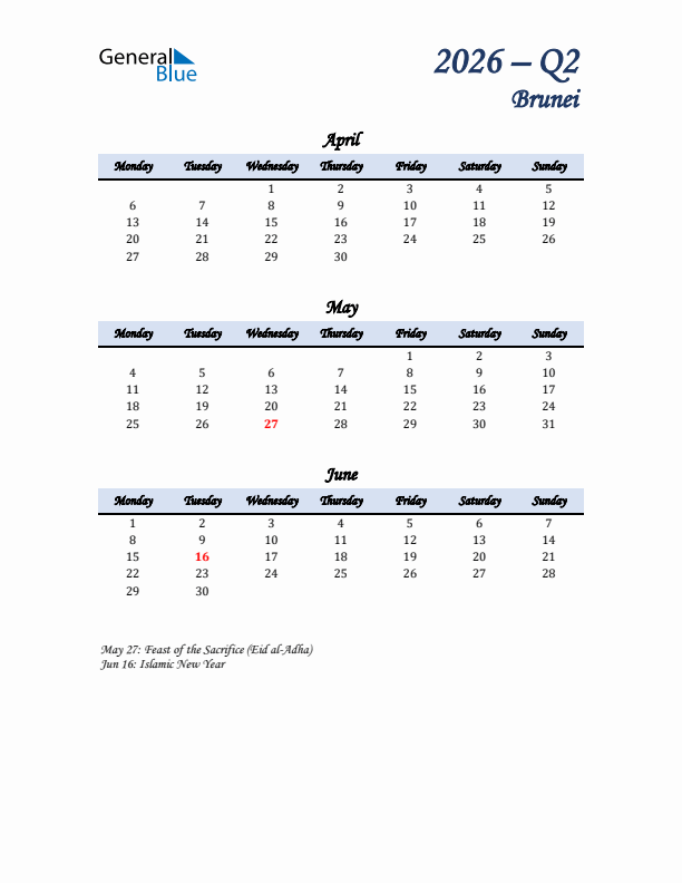 April, May, and June Calendar for Brunei with Monday Start