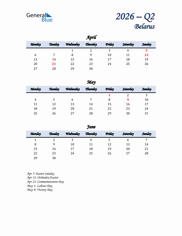 April, May, and June Calendar for Belarus with Monday Start