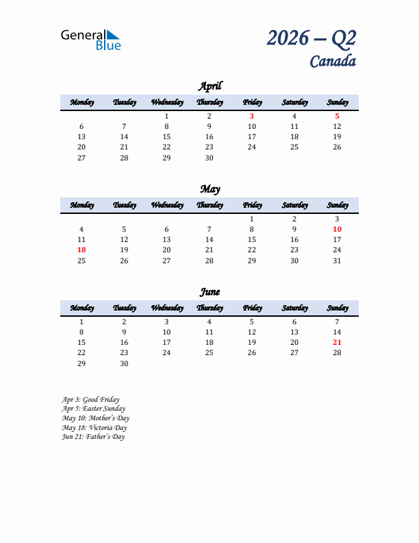 April, May, and June Calendar for Canada with Monday Start