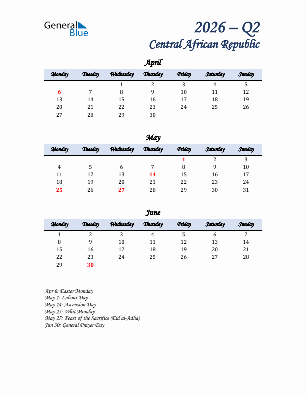 April, May, and June Calendar for Central African Republic with Monday Start