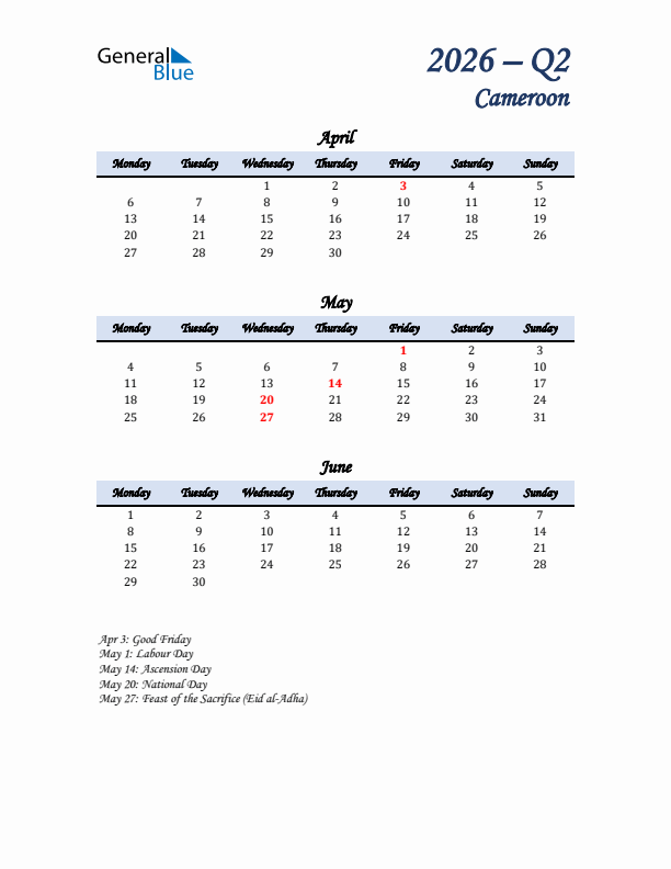 April, May, and June Calendar for Cameroon with Monday Start