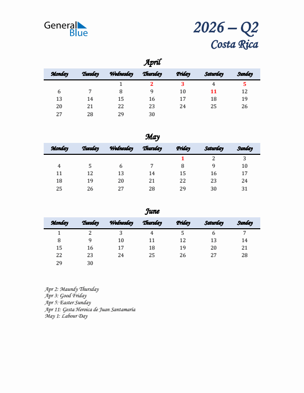 April, May, and June Calendar for Costa Rica with Monday Start