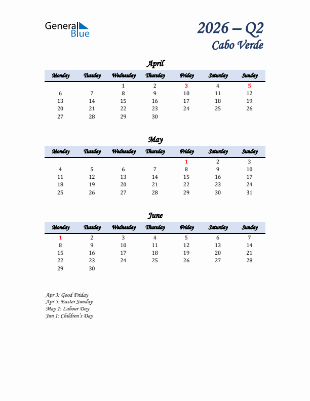 April, May, and June Calendar for Cabo Verde with Monday Start