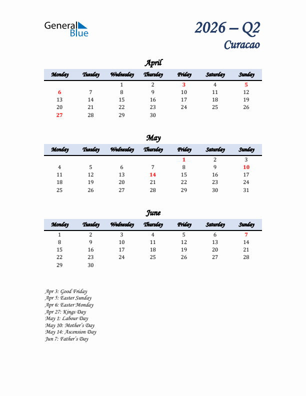 April, May, and June Calendar for Curacao with Monday Start