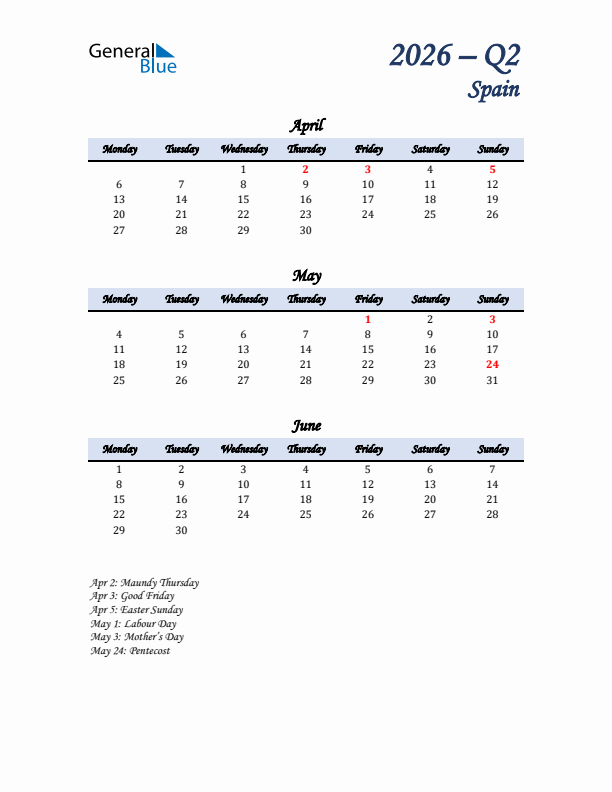 April, May, and June Calendar for Spain with Monday Start