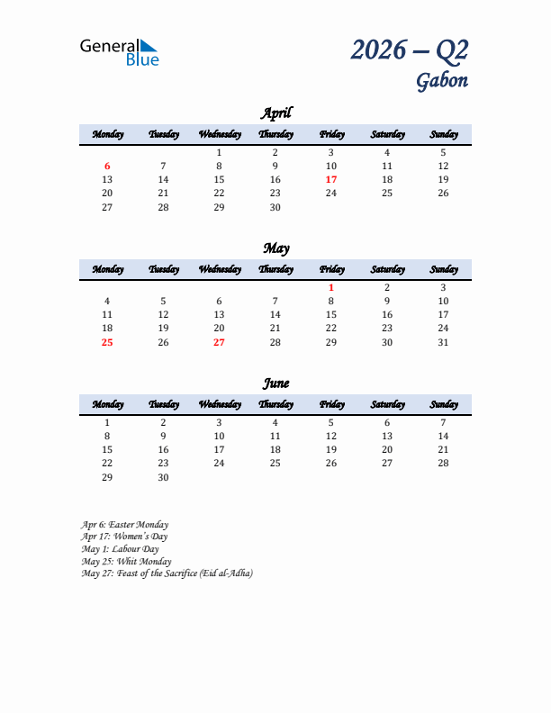 April, May, and June Calendar for Gabon with Monday Start