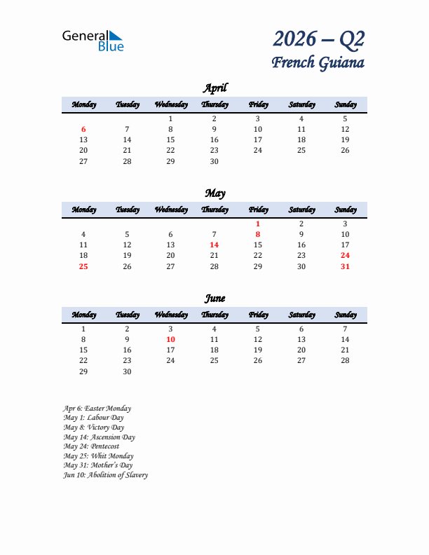 April, May, and June Calendar for French Guiana with Monday Start