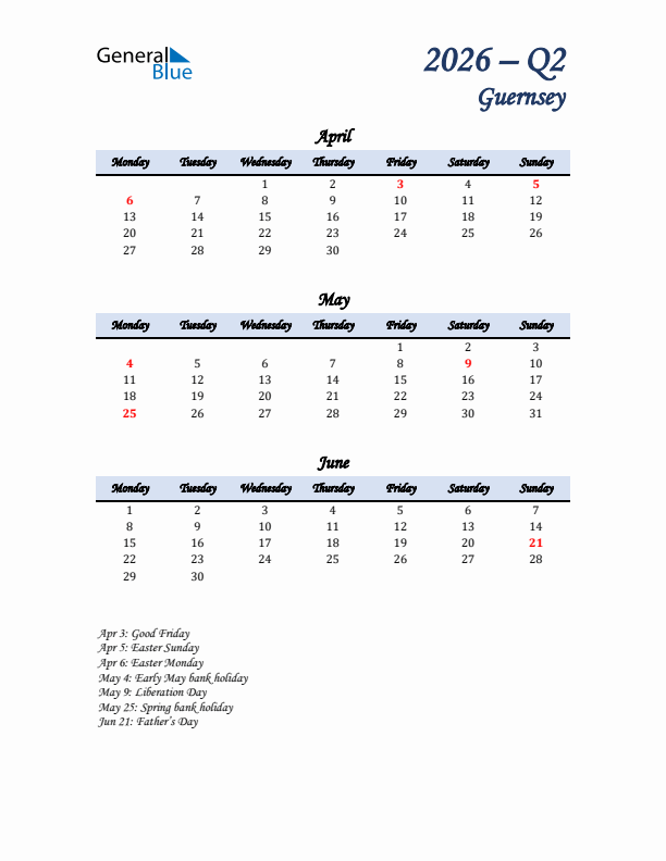 April, May, and June Calendar for Guernsey with Monday Start