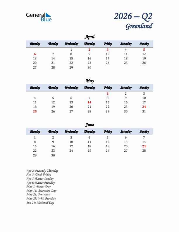 April, May, and June Calendar for Greenland with Monday Start