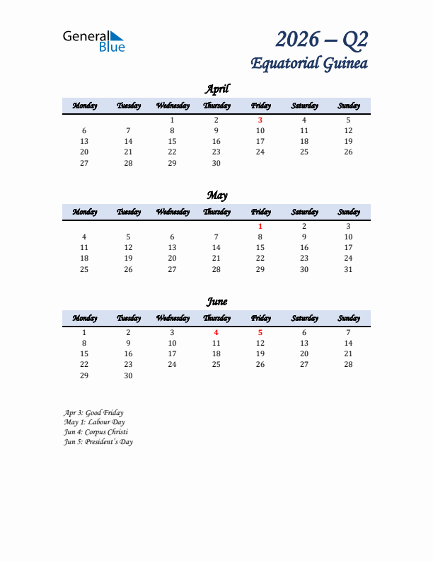 April, May, and June Calendar for Equatorial Guinea with Monday Start