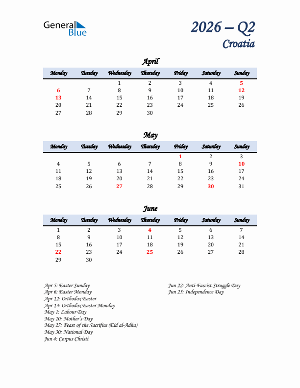 April, May, and June Calendar for Croatia with Monday Start