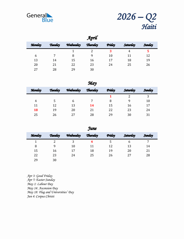 April, May, and June Calendar for Haiti with Monday Start