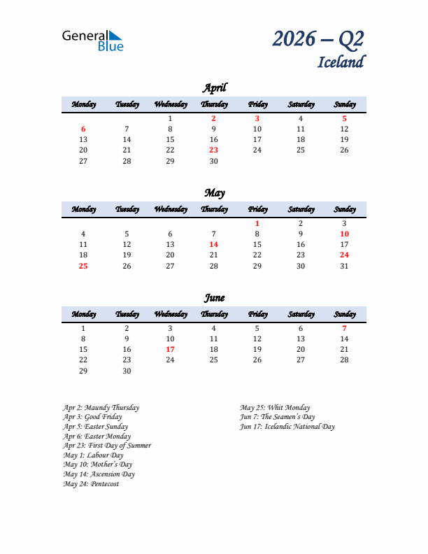 April, May, and June Calendar for Iceland with Monday Start