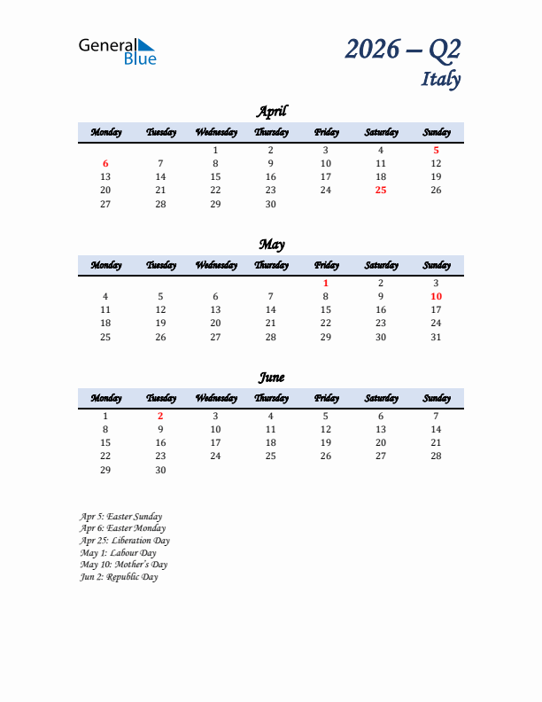 April, May, and June Calendar for Italy with Monday Start