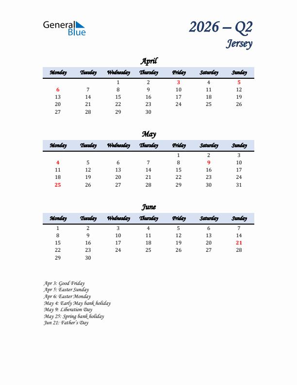 April, May, and June Calendar for Jersey with Monday Start