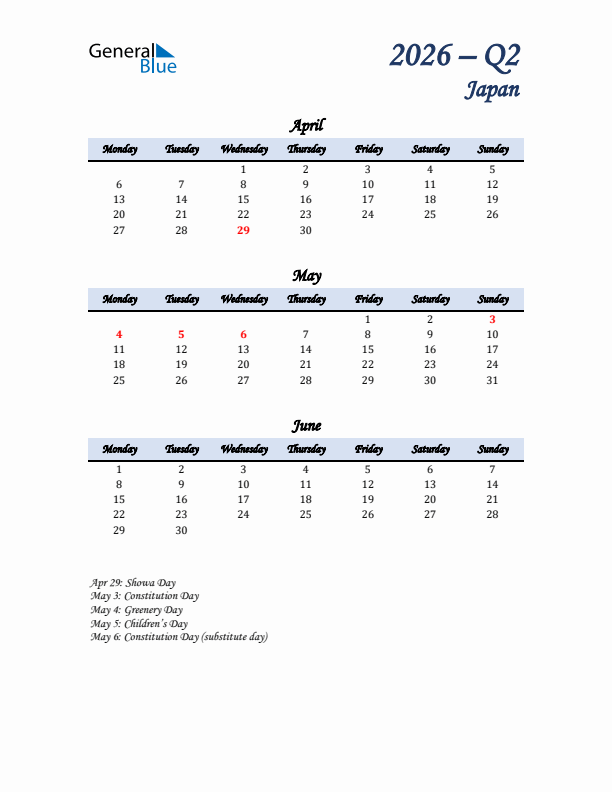 April, May, and June Calendar for Japan with Monday Start