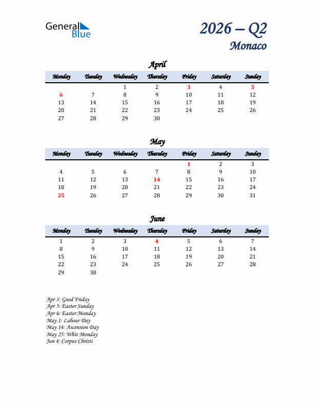 April, May, and June Calendar for Monaco with Monday Start