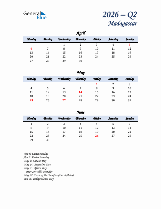 April, May, and June Calendar for Madagascar with Monday Start