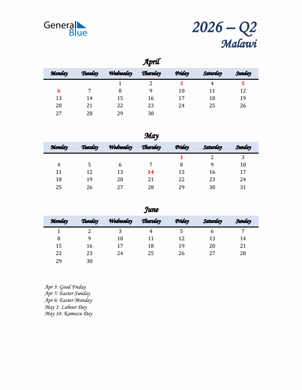 April, May, and June Calendar for Malawi with Monday Start