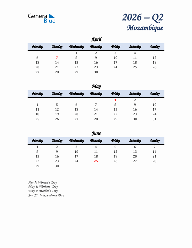 April, May, and June Calendar for Mozambique with Monday Start