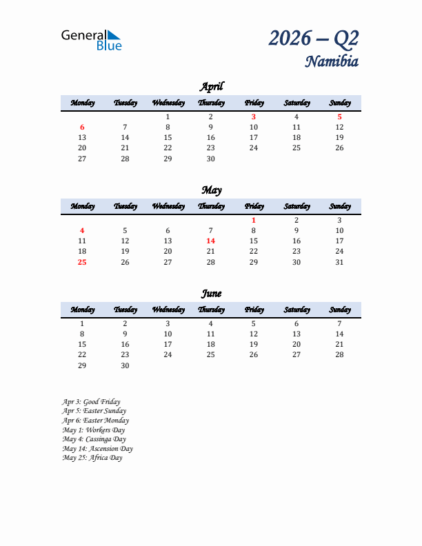 April, May, and June Calendar for Namibia with Monday Start