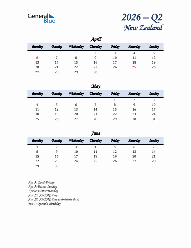 April, May, and June Calendar for New Zealand with Monday Start