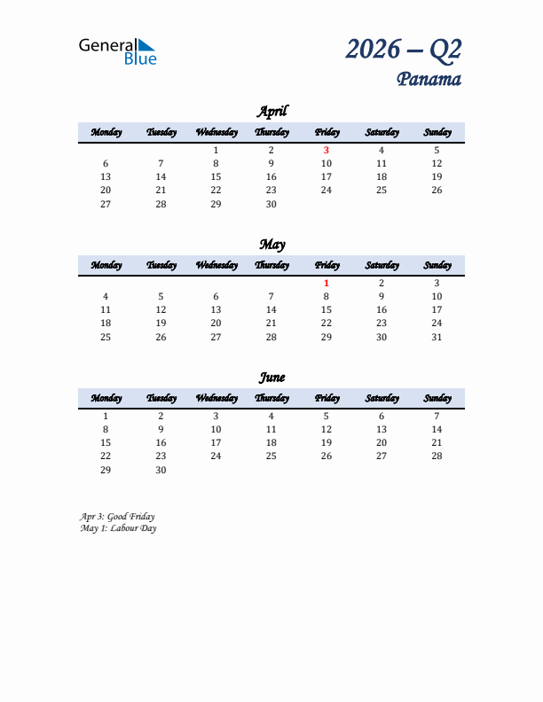 April, May, and June Calendar for Panama with Monday Start