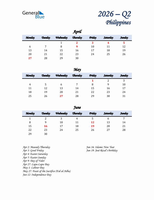 April, May, and June Calendar for Philippines with Monday Start