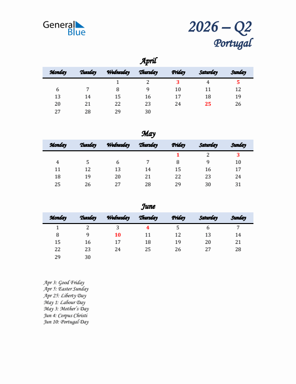 April, May, and June Calendar for Portugal with Monday Start