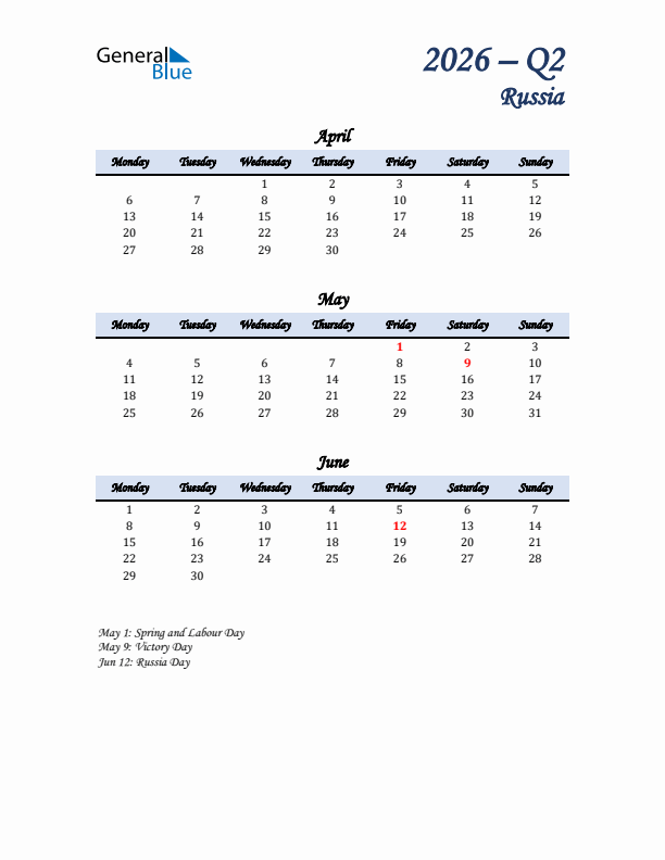 April, May, and June Calendar for Russia with Monday Start