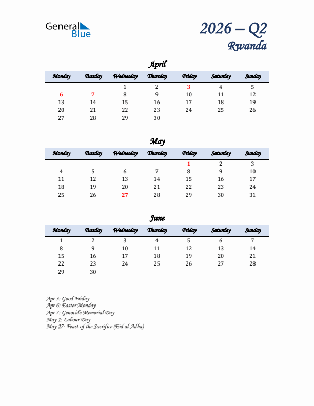 April, May, and June Calendar for Rwanda with Monday Start