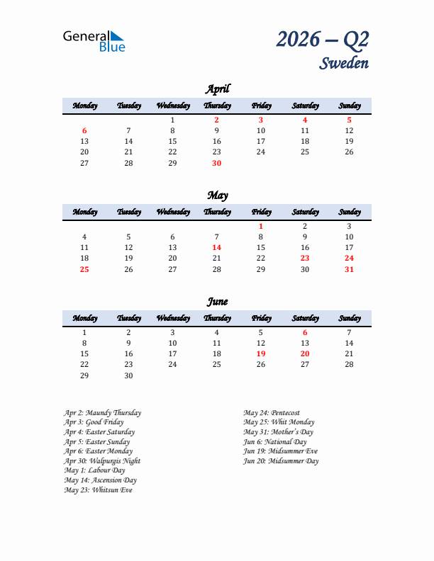 April, May, and June Calendar for Sweden with Monday Start