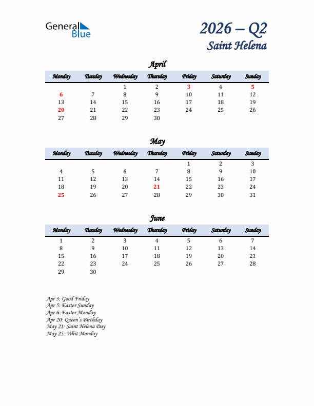 April, May, and June Calendar for Saint Helena with Monday Start