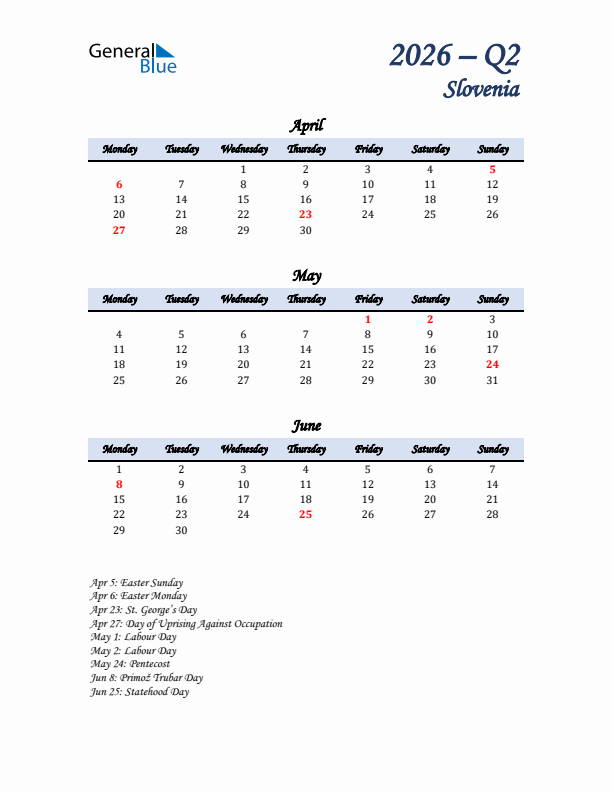 April, May, and June Calendar for Slovenia with Monday Start