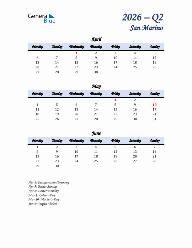 April, May, and June Calendar for San Marino with Monday Start