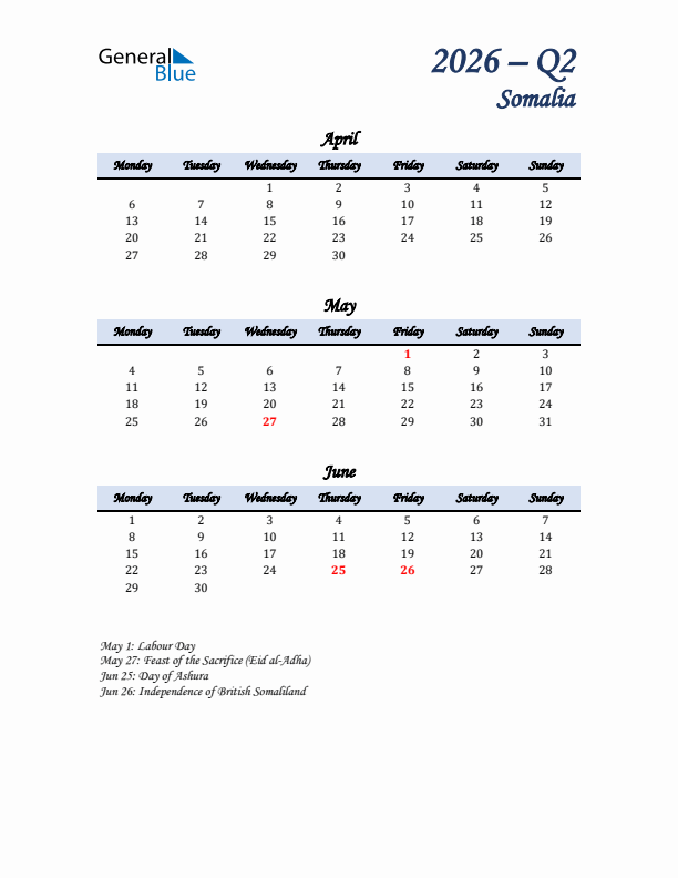 April, May, and June Calendar for Somalia with Monday Start